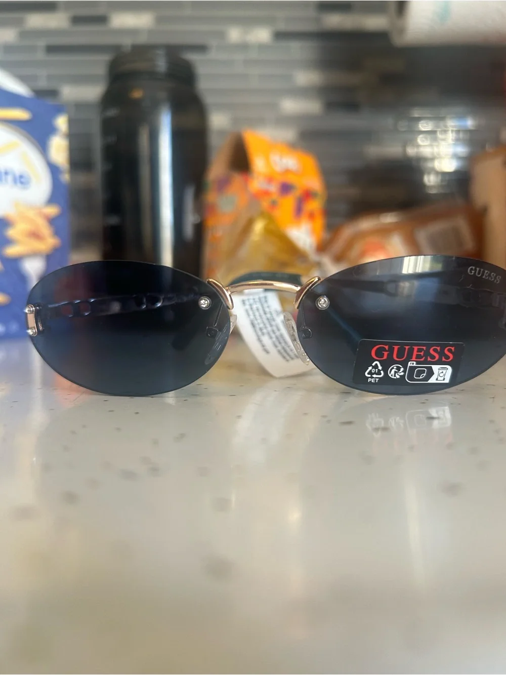 GUESS GO00082 Gold Rimless Oval Sunglasses Blue Lenses Y2K NWT